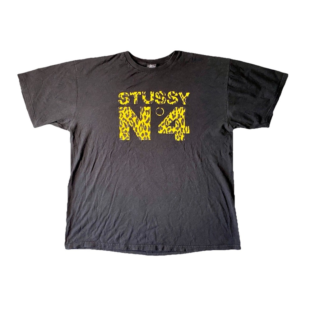 Stussy No4 Spell out Leopard Print Black T Shirt Mens Size XL Crew Neck